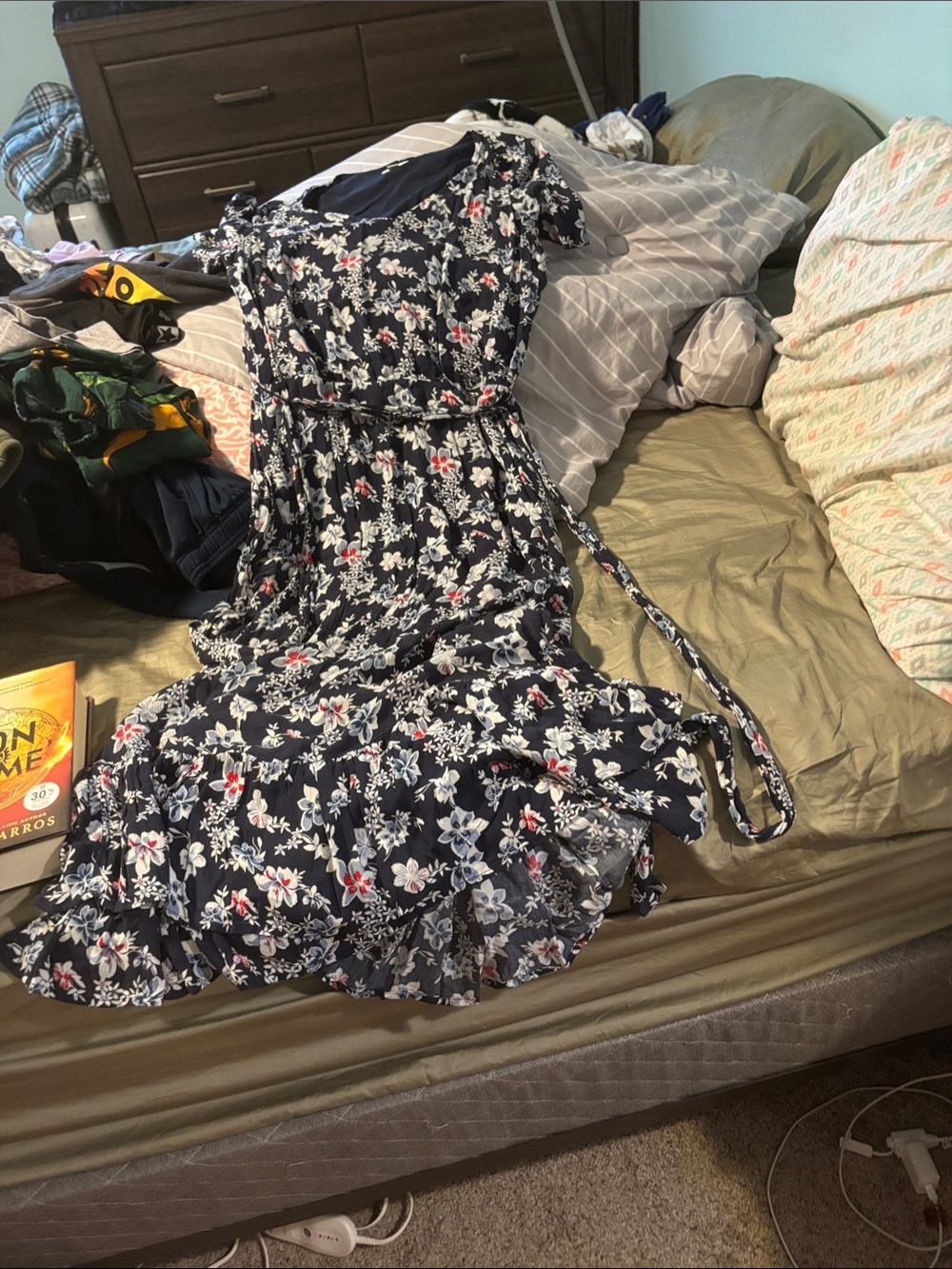 J. Jill Navy Floral Maxi Dress with Tie Waist